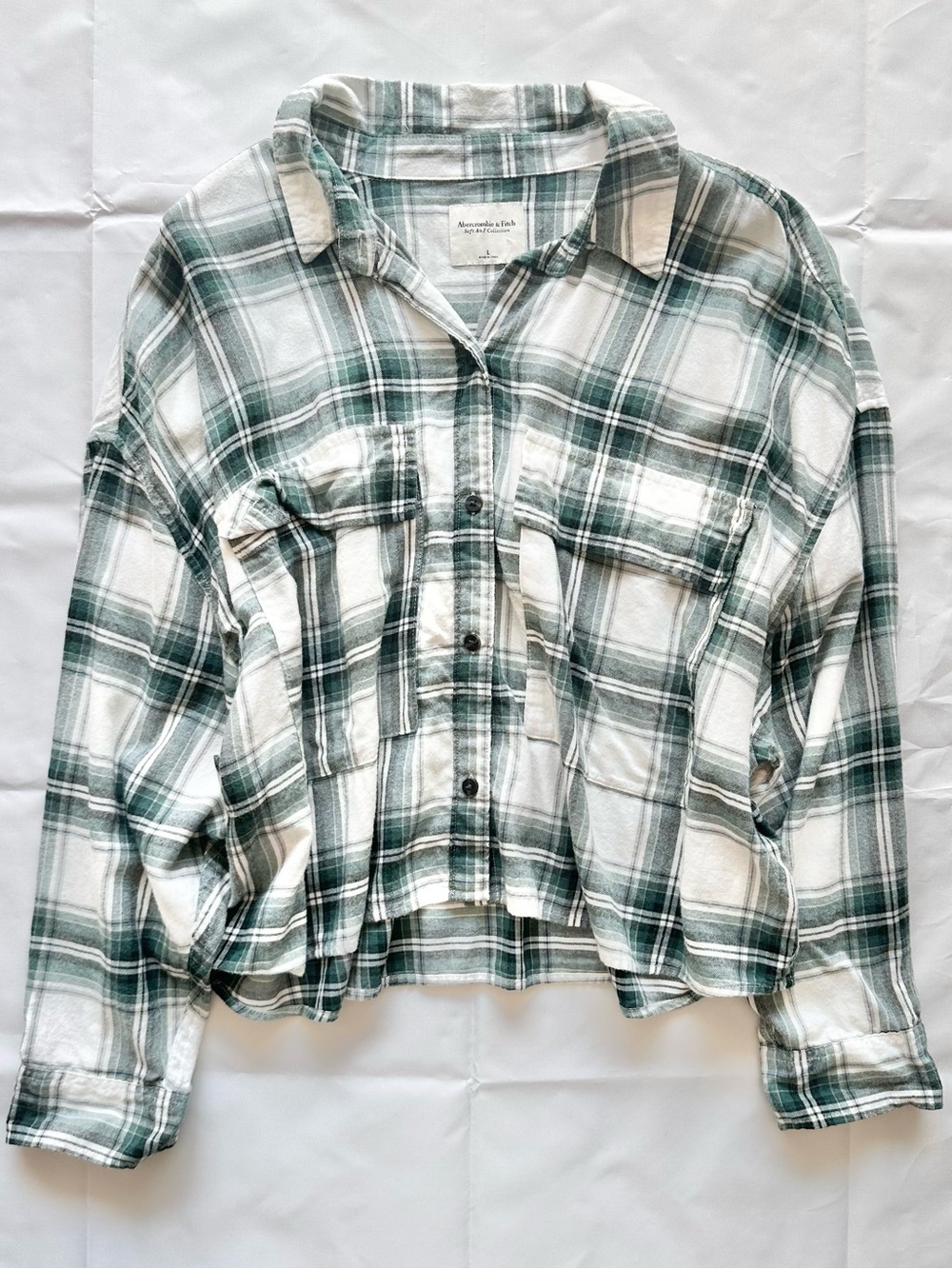 Abercrombie & Fitch green & white plaid button down shirt, size large women
